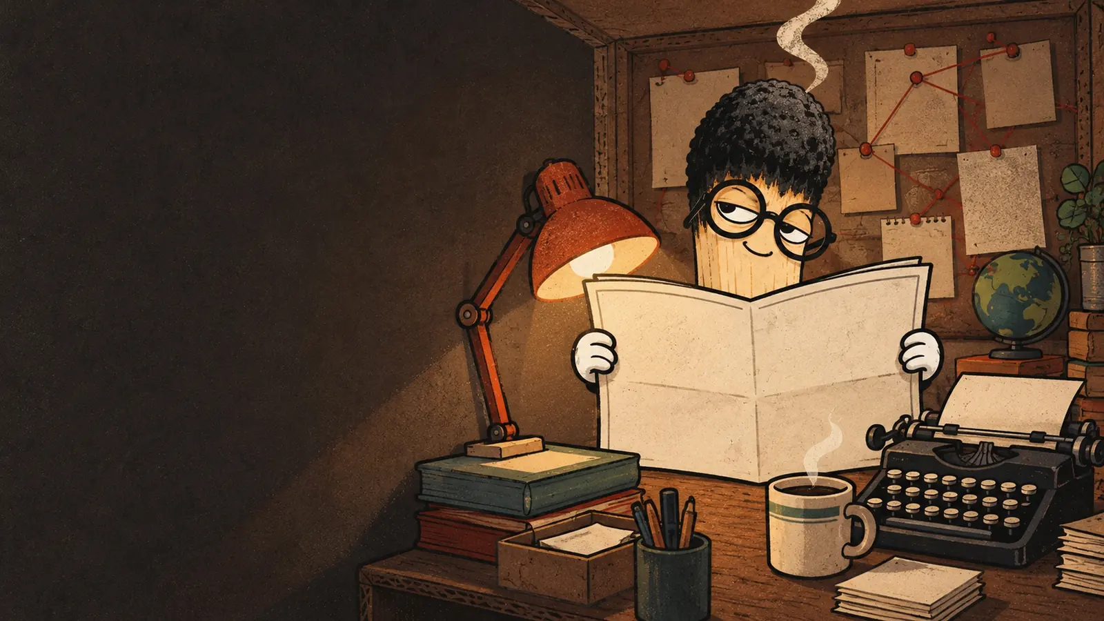 Novaki reading a newspaper at a desk lit by a lamp, next to a typewriter.